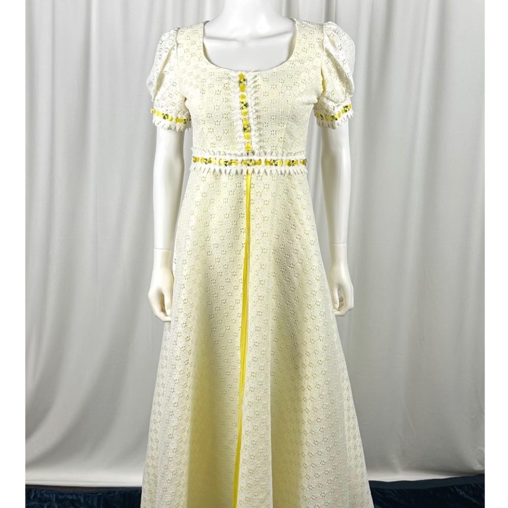 Vintage 1960’s Eyelet Floral Lace Maxi Dress in White + Yellow • Gown - XS/S